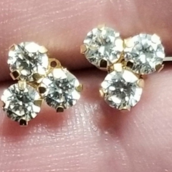 14K solid gold zirconia 3 stone earrings studs 12mm - Picture 6 of 7